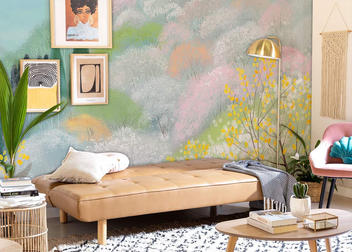 Pastel Watercolor Landscape Mural Wallpaper in living room