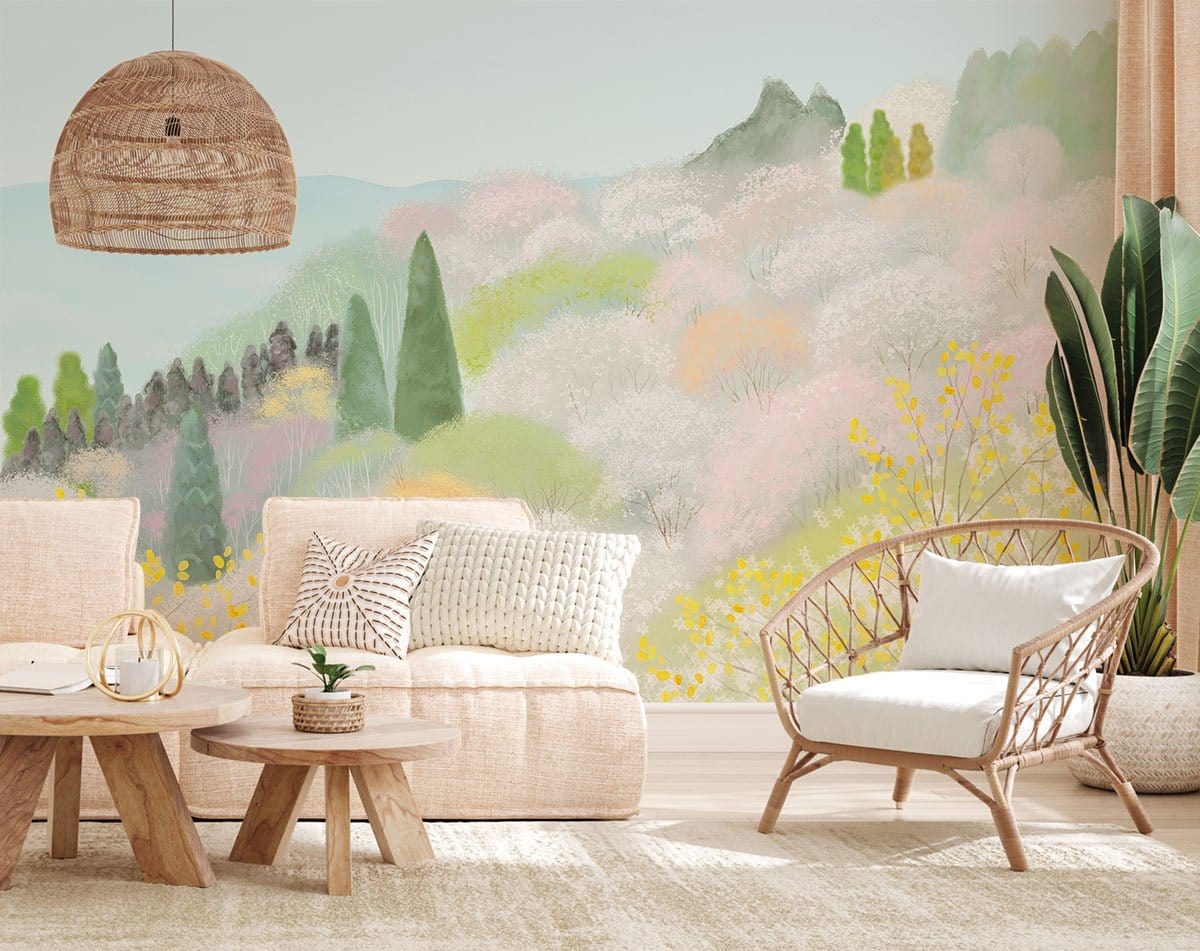 Pastel Spring Blossom Scenic Mural Wallpaper in living room