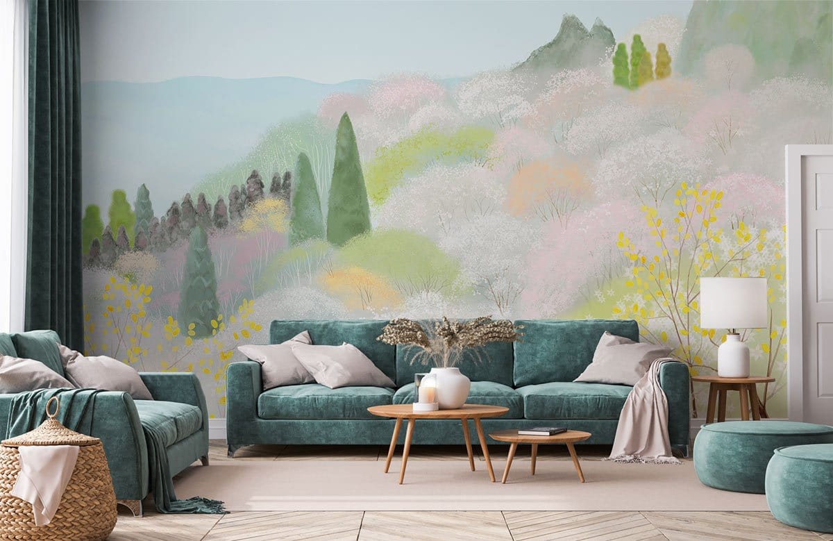 Pastel Spring Blossom Scenic Mural Wallpaper in living room