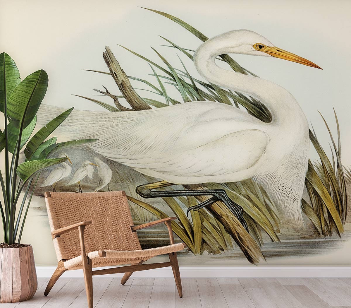 Elegant White Egret Nature Mural Wallpaper in living room