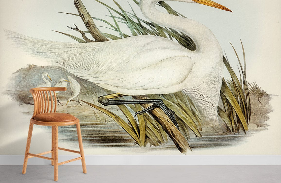 Elegant White Egret Nature Mural Wallpaper in cannot be determined