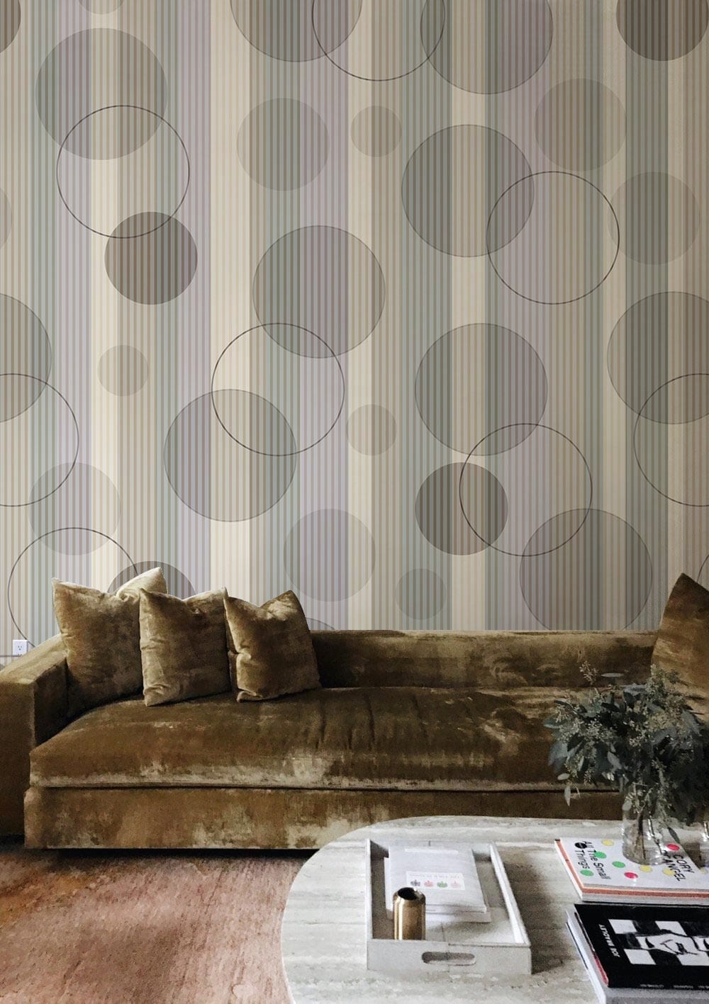 Geometric Circles Neutral Mural Wallpaper in living room