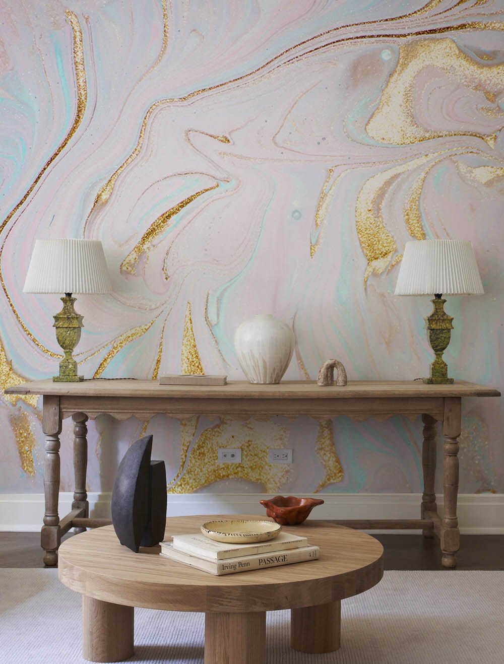 Wall Mural Decoration Using Polychrome Pink Marble for the Hallway