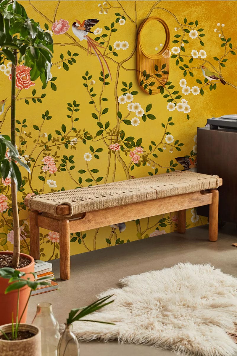 Golden Botanical Bird Garden Mural Wallpaper in living room