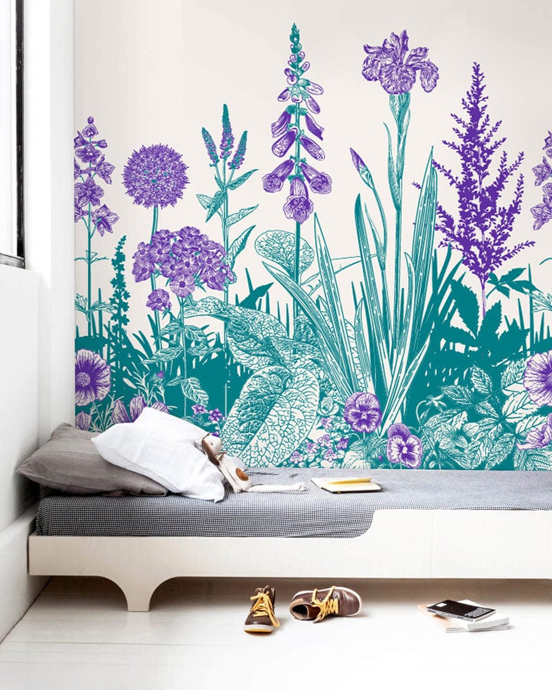 Decorative Wallpaper Mural in Purple and Turquoise with Flowers for the Bedroom