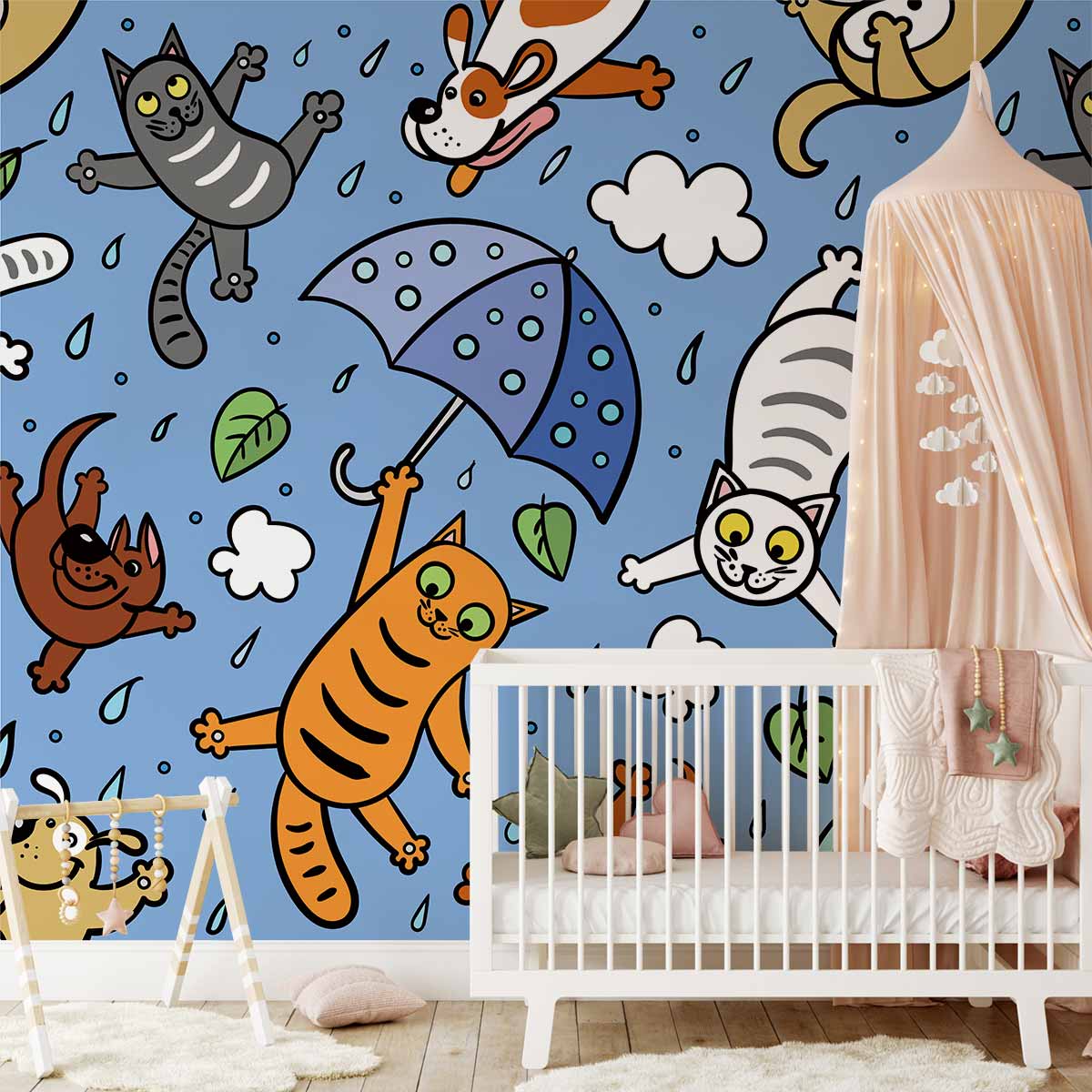 Whimsical Playful Cat Wallpaper Mural in nursery