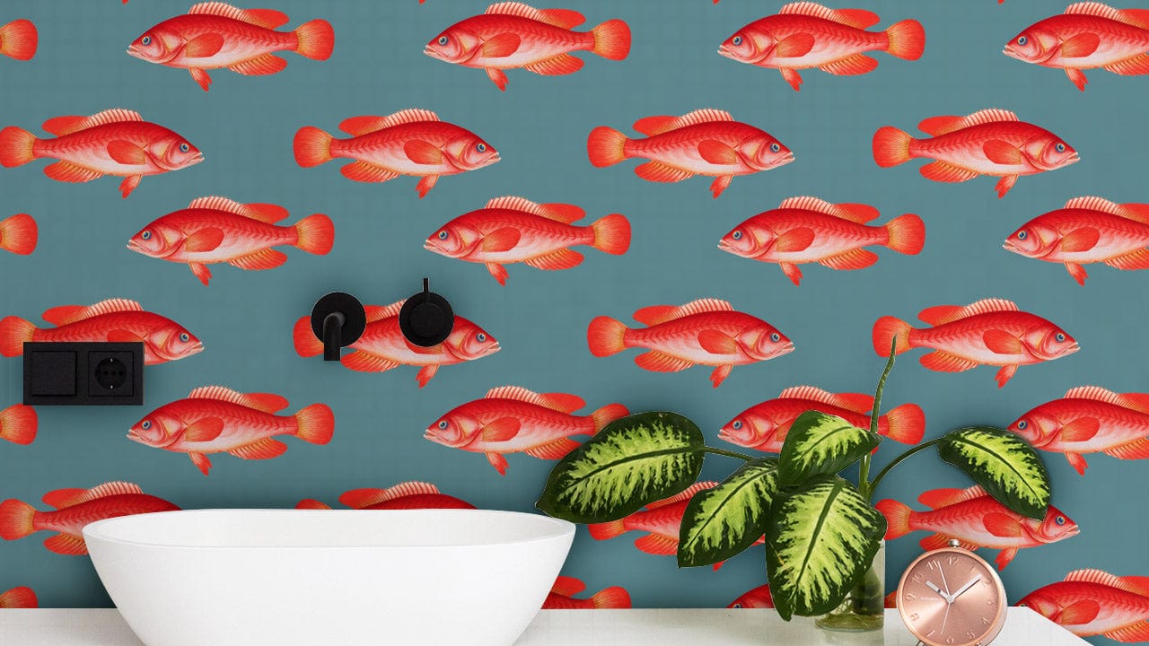 propitious swimming fish wallpaper design for bathroom