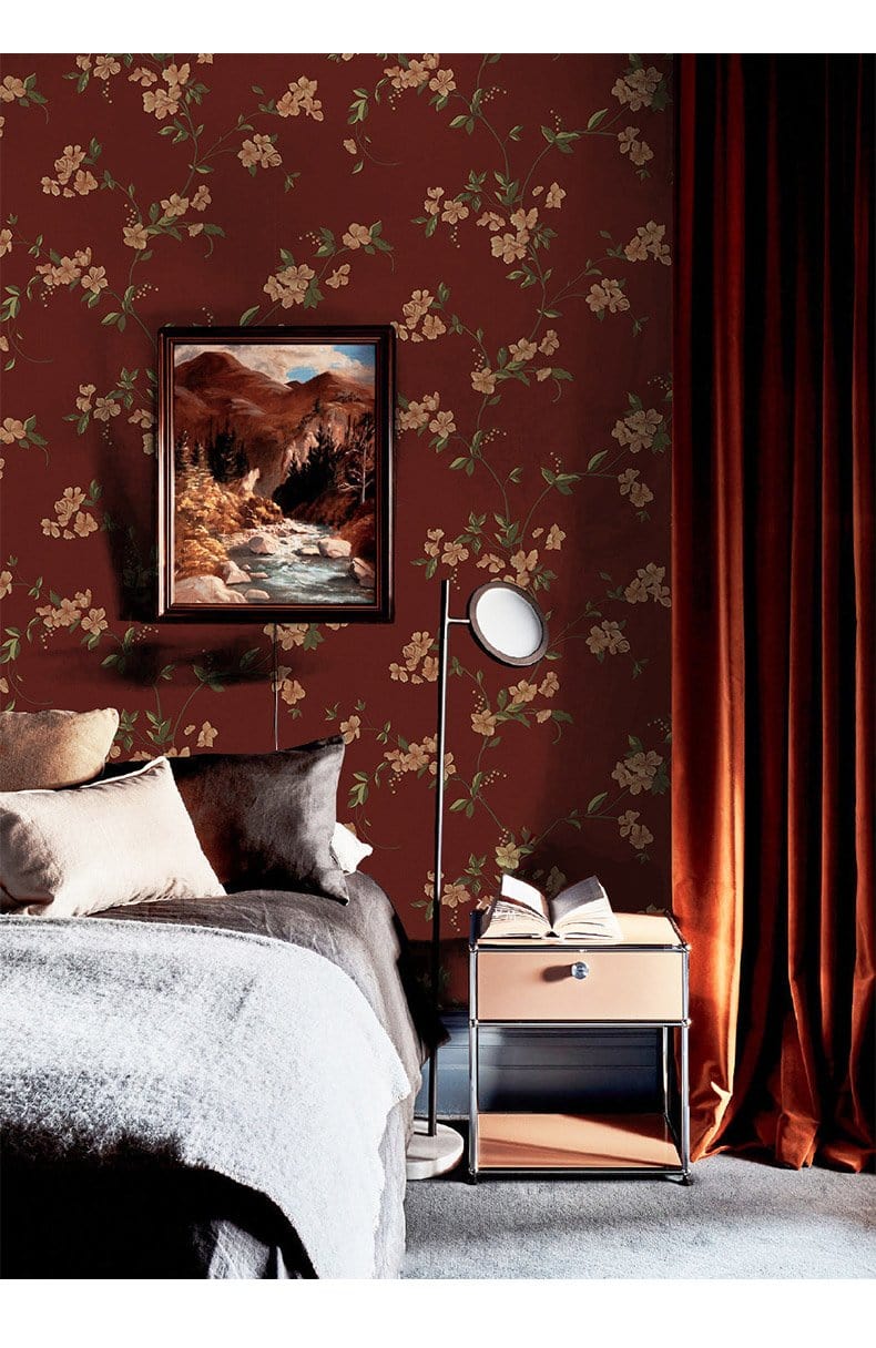 Vintage Floral Red Mural Wallpaper in bedroom