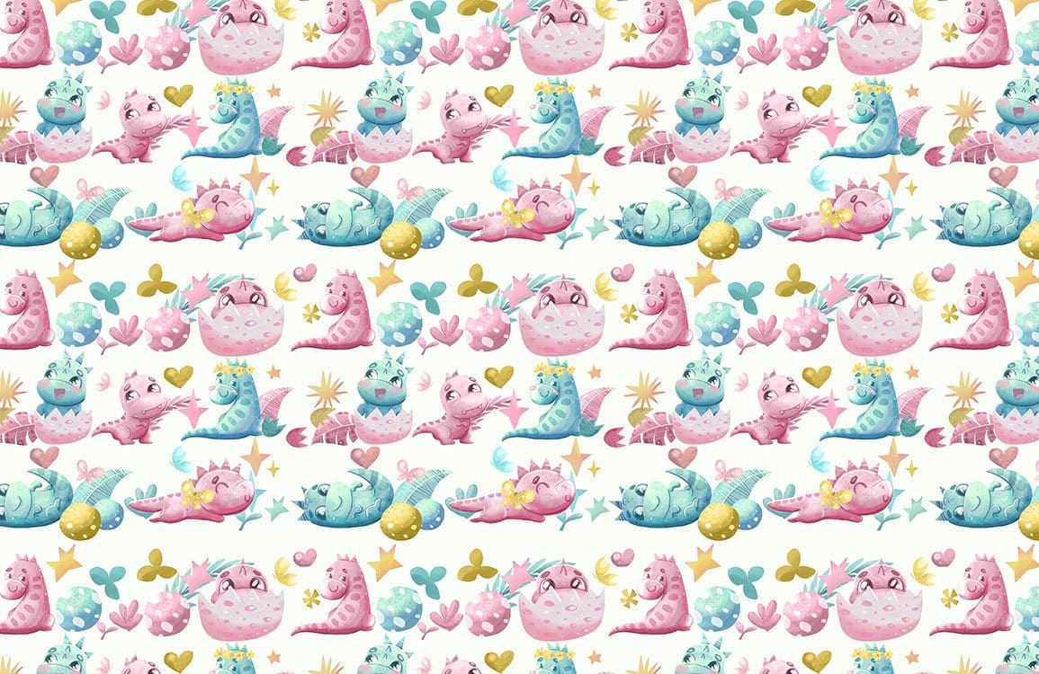 Cute Whimsical Dinosaur Kids Mural Wallpaper