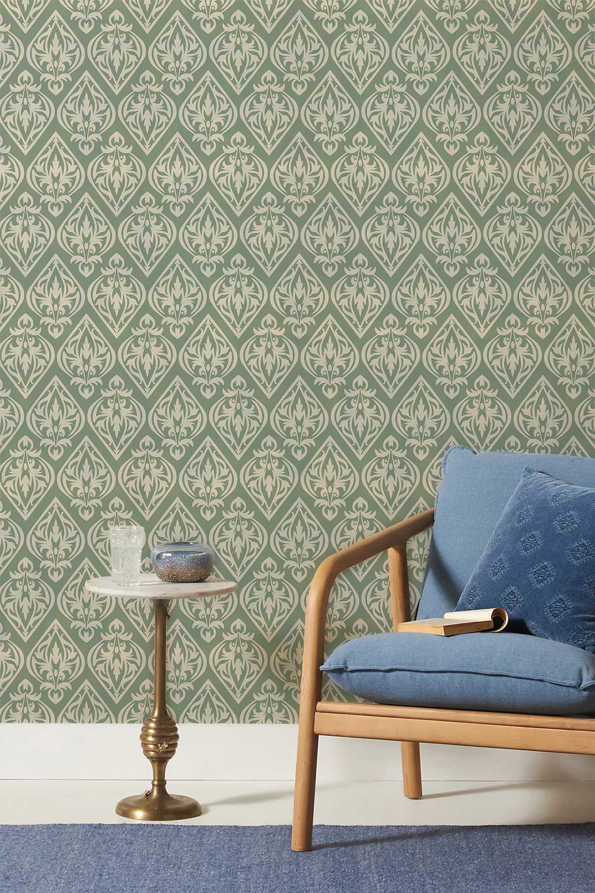 Elegant Emerald Green Damask Mural Wallpaper in living room