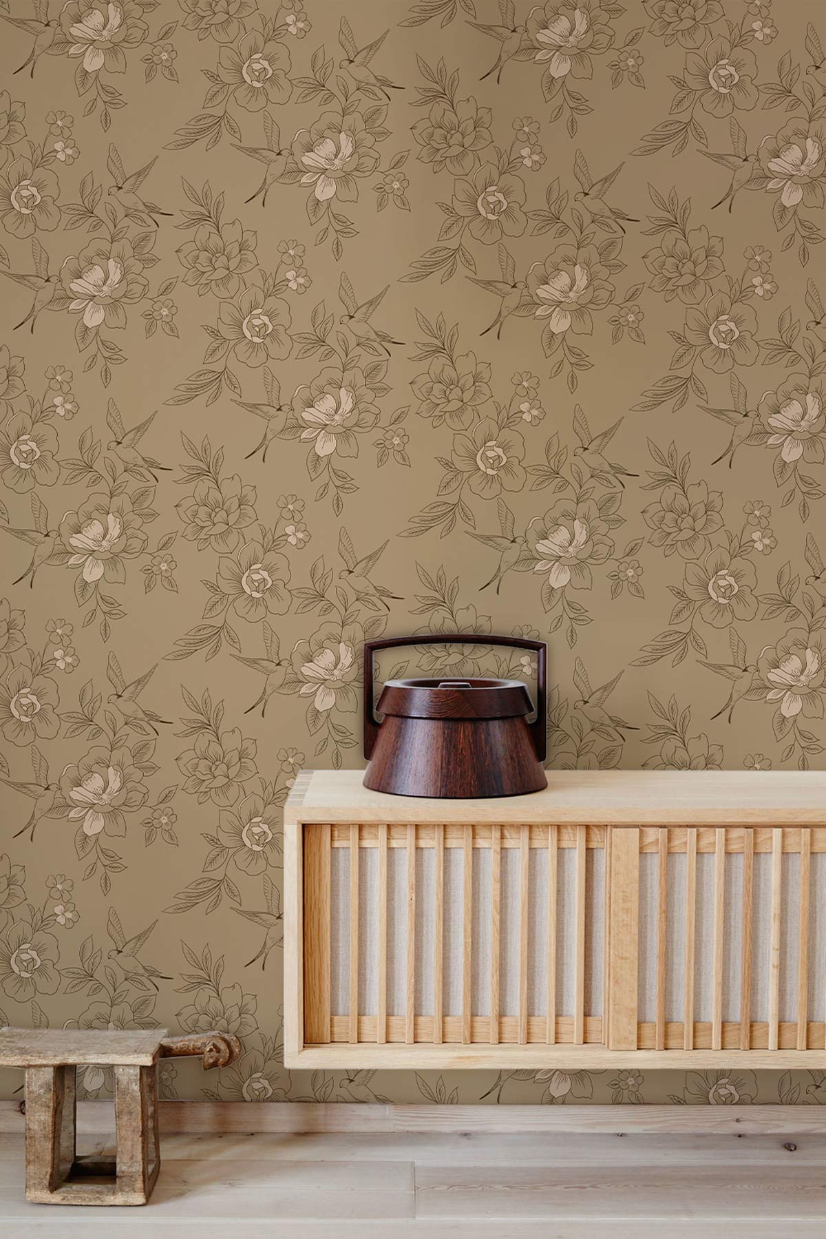 Vintage Beige Floral Pattern Mural Wallpaper in living room