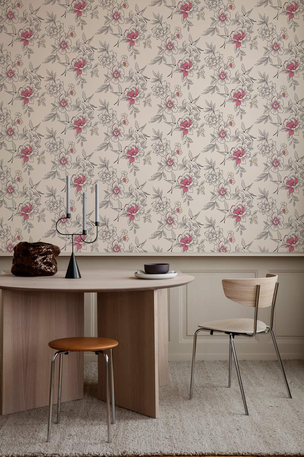Vintage Pink Floral Mural Wallpaper in dining room