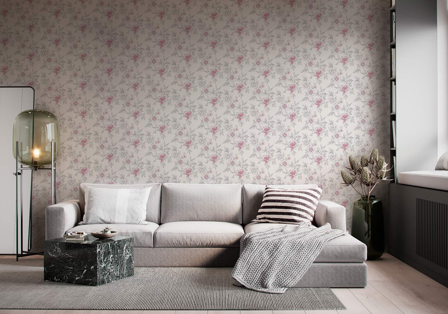 Vintage Pink Floral Mural Wallpaper in living room