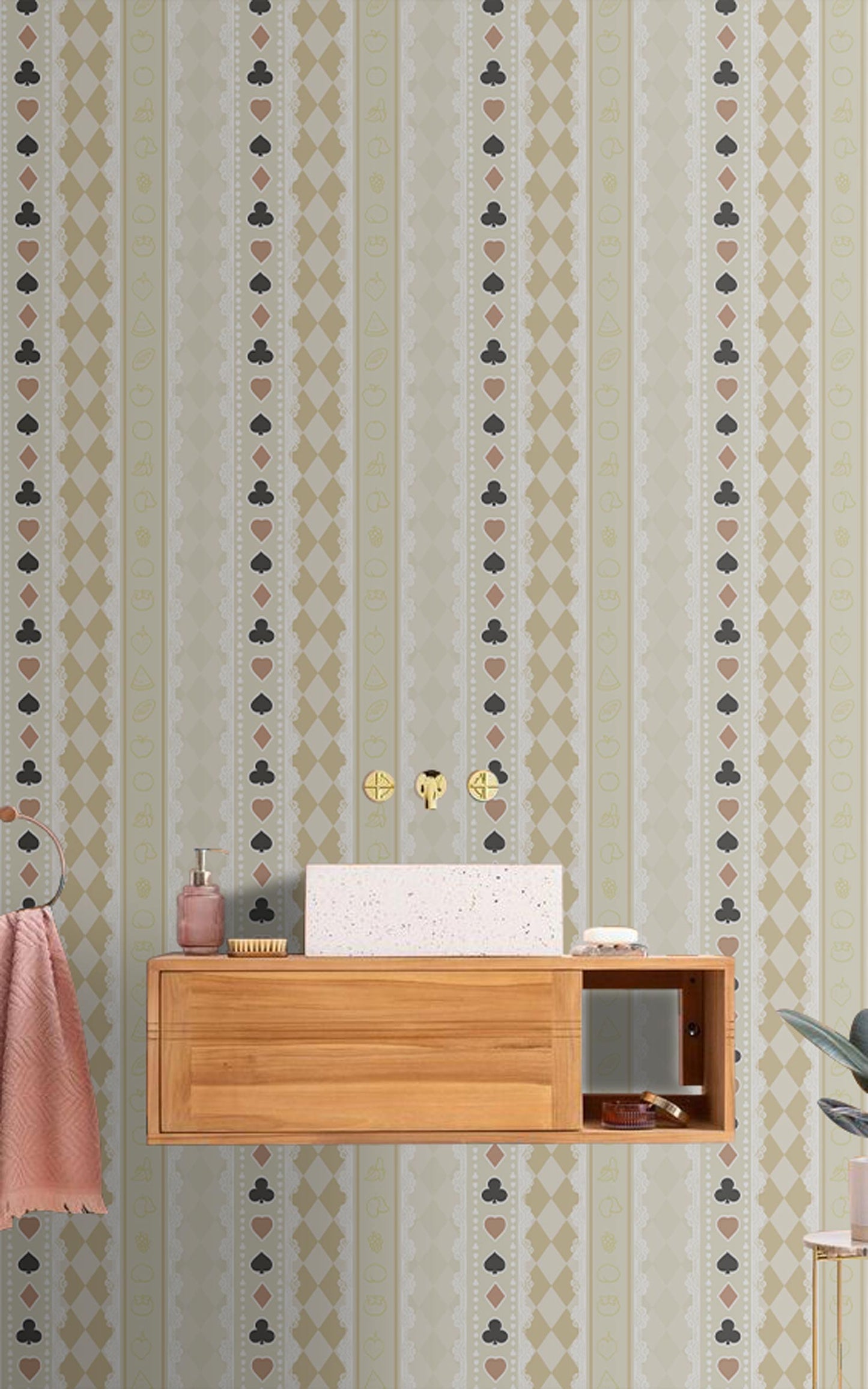 Wallpaper Mural with Repeated Pattern of Cards and Foods for Bathroom