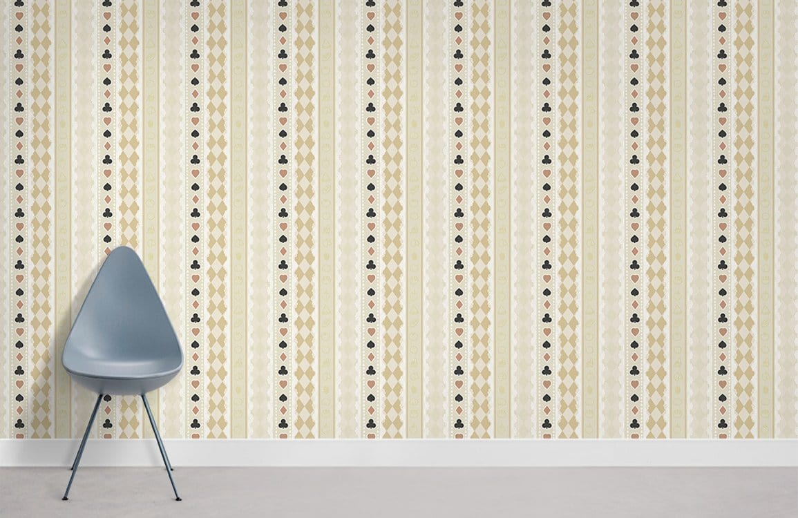 Wallpaper with a repeating pattern of cards and food