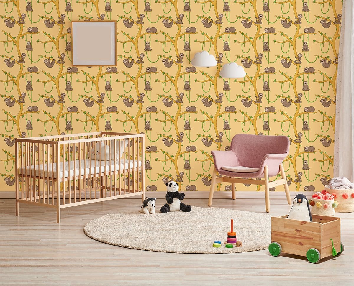 Whimsical Bicycle Patterned Yellow Mural Wallpaper in child's room