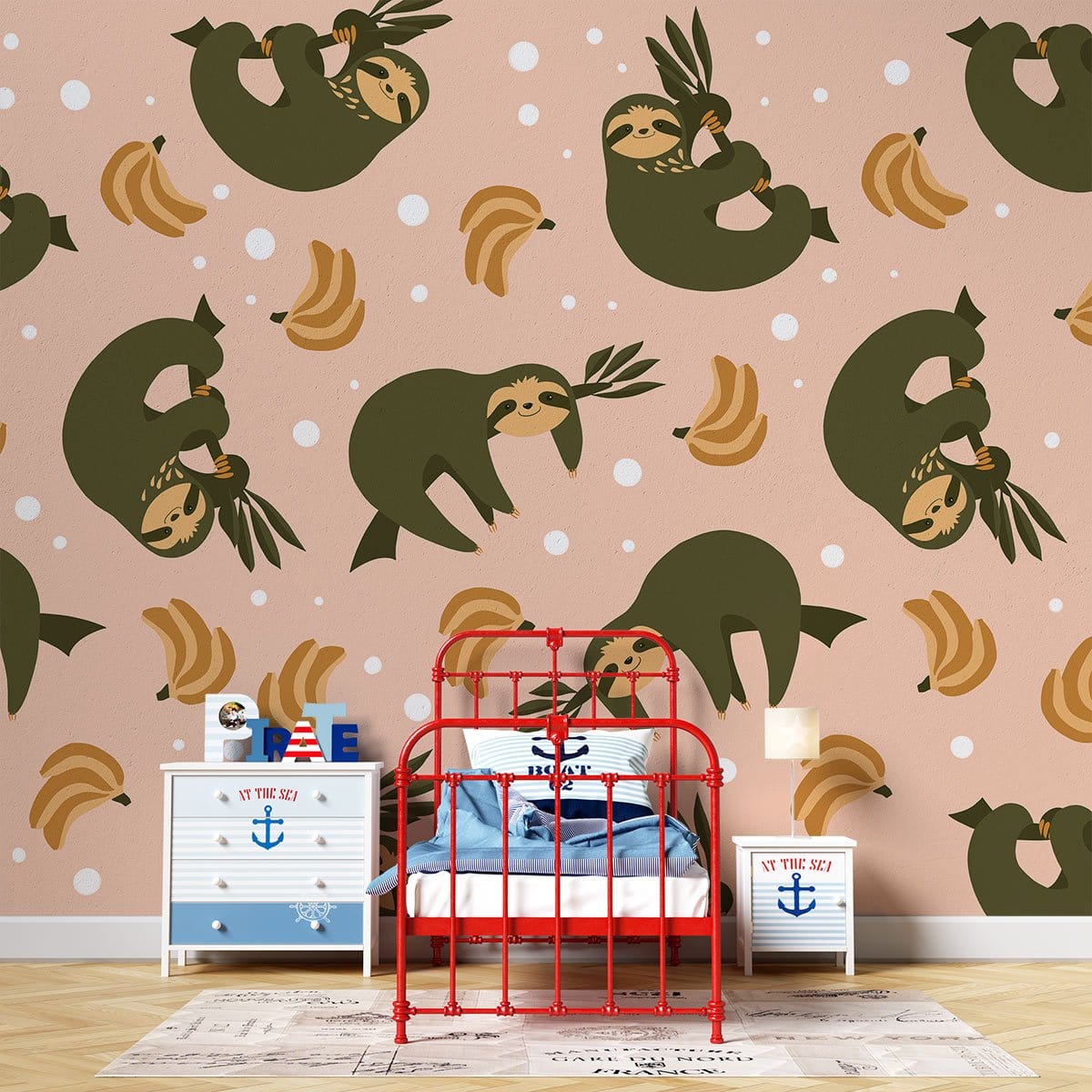 Cute Sloth Pattern Kids Room Mural Wallpaper in bedroom