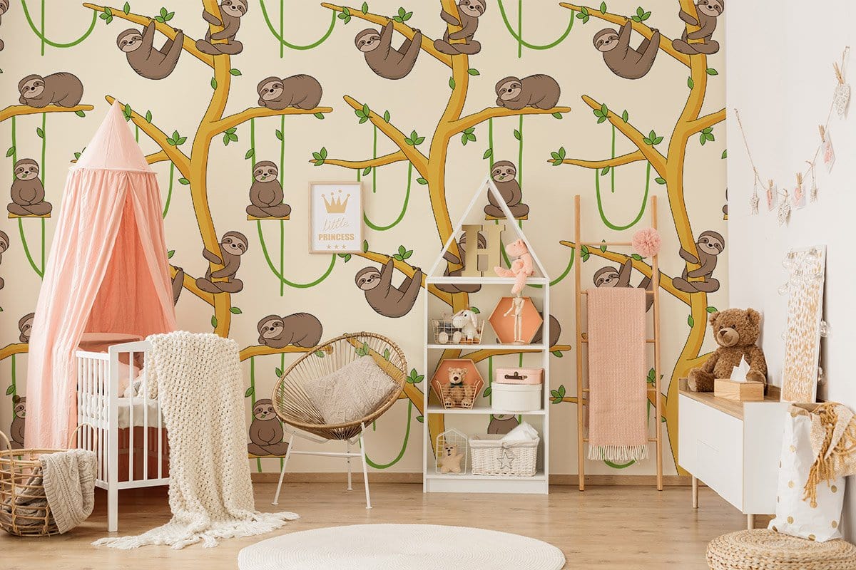 Whimsical Playful Sloth Tree Mural Wallpaper in children's room
