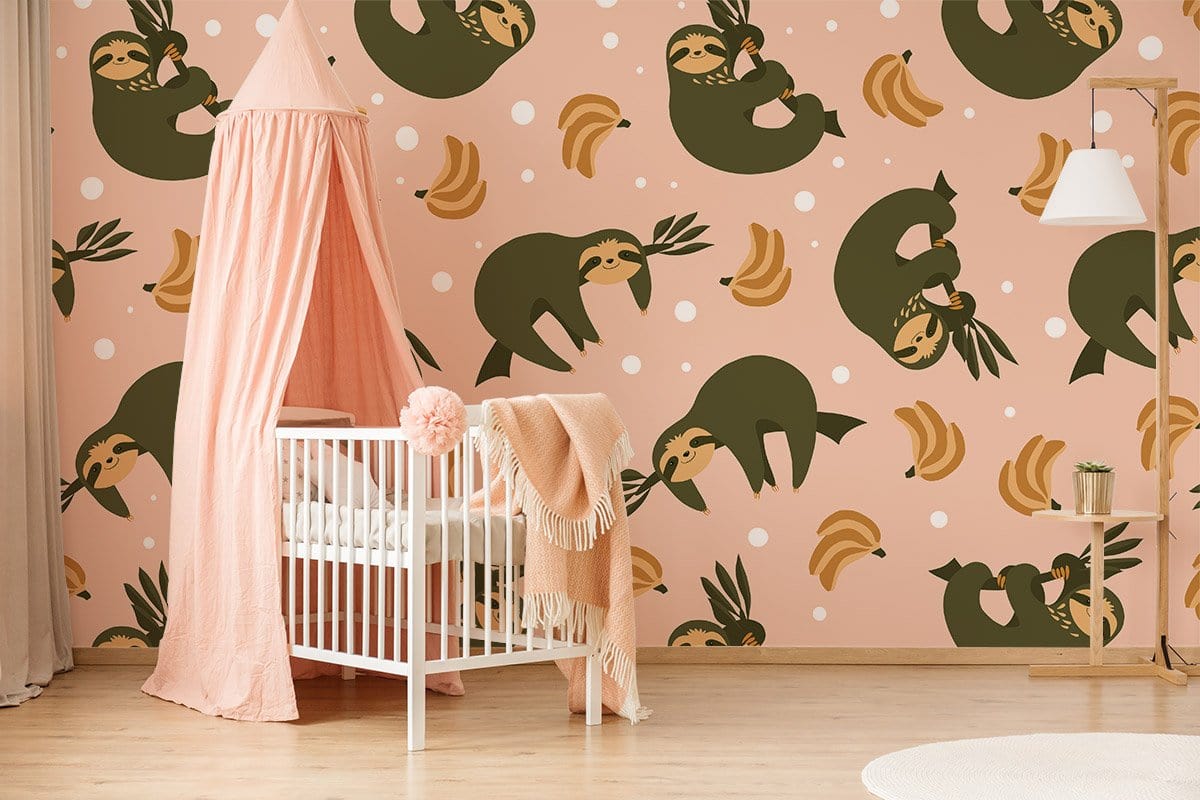 Cute Sloth Pattern Kids Room Mural Wallpaper in nursery