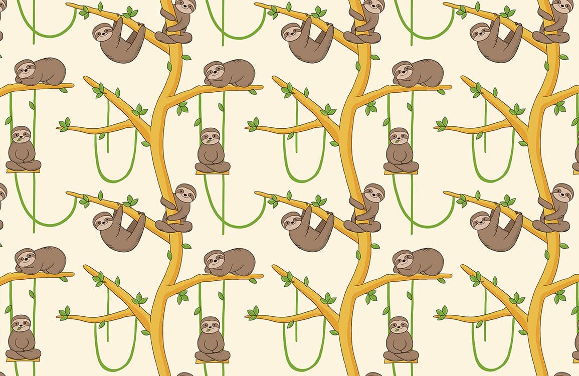 Whimsical Playful Sloth Tree Mural Wallpaper