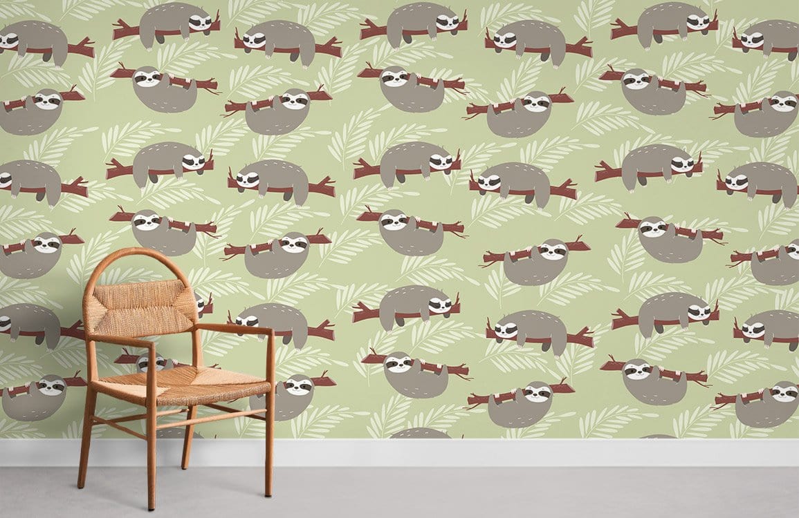 Charming Sloth Green Nursery Mural Wallpaper in bedroom