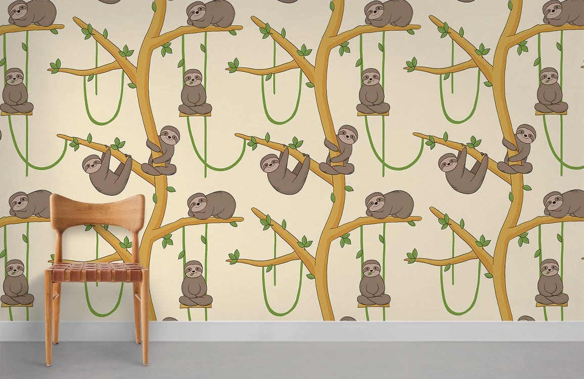 Whimsical Playful Sloth Tree Mural Wallpaper in children's room
