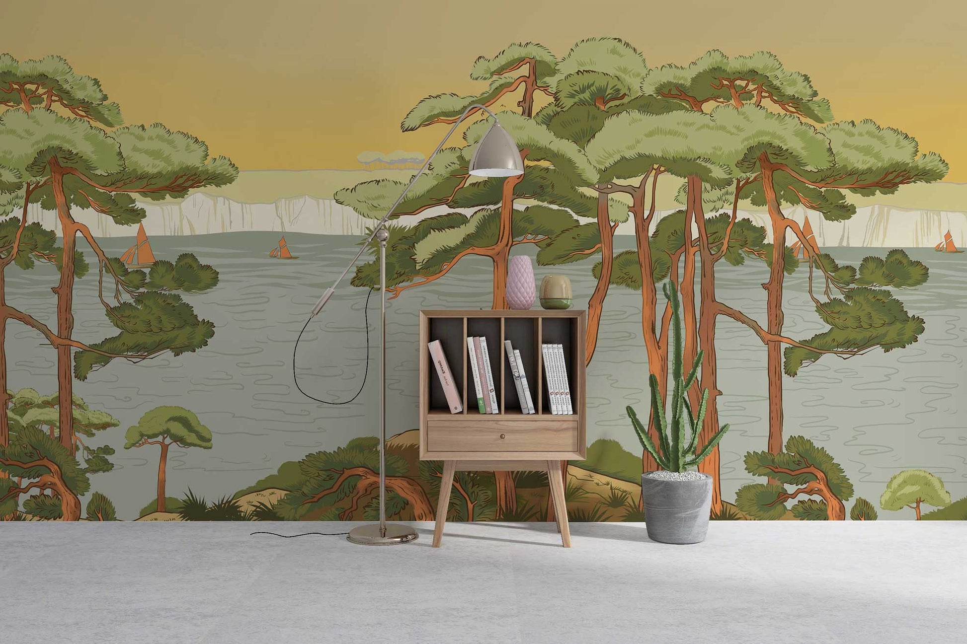 Green Riverbank Wallpaper Mural for Interior Design and Home Decorating