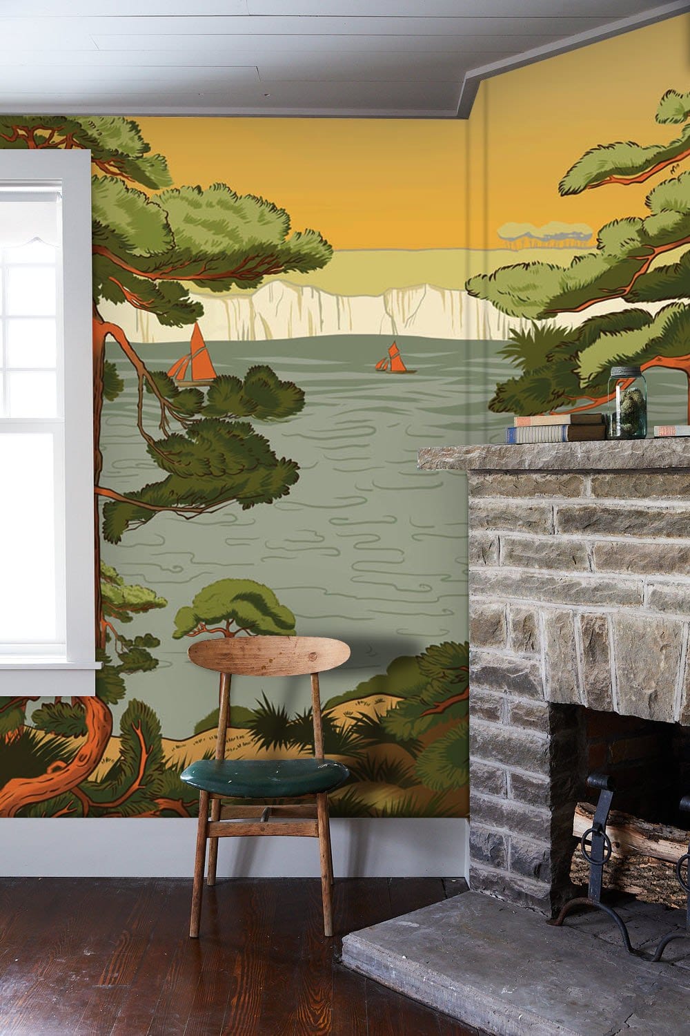 Wallpaper mural depicting a green riverbank, suitable for use in interior decoration