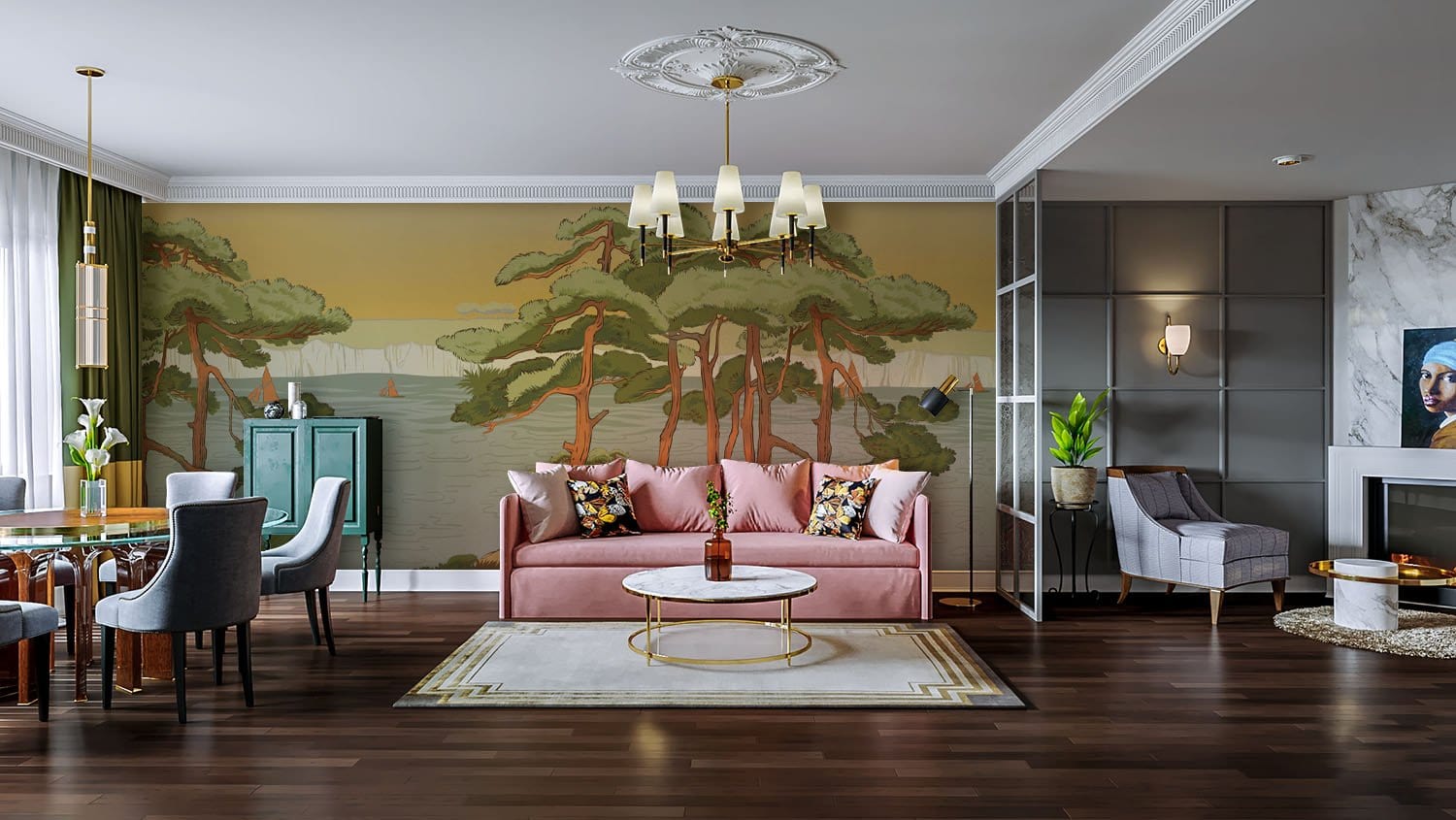 Wallpaper mural depicting a green riverbank for use in interior design.