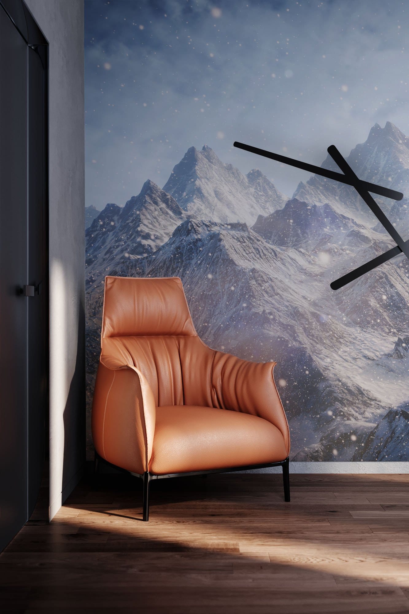 Wallpaper with a mural depicting snow-capped mountains rolling in a circle