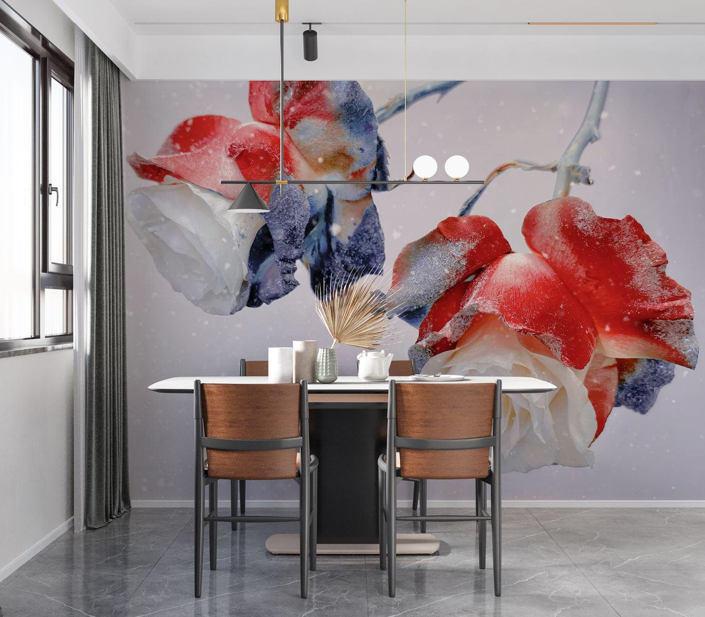 winter roses wall mural dining room decoration