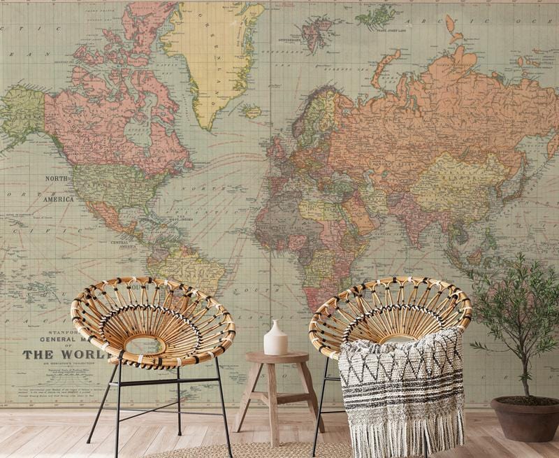 Vintage Stanford General World Map Wallpaper Mural in living room