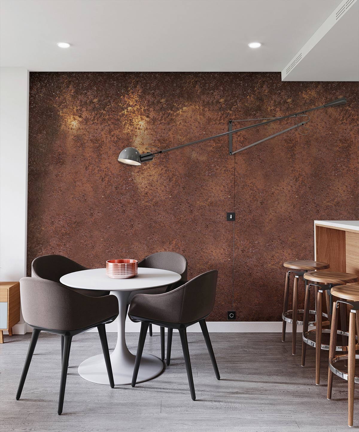 Rustic Textured Brown Metallic Mural Wallpaper in dining room