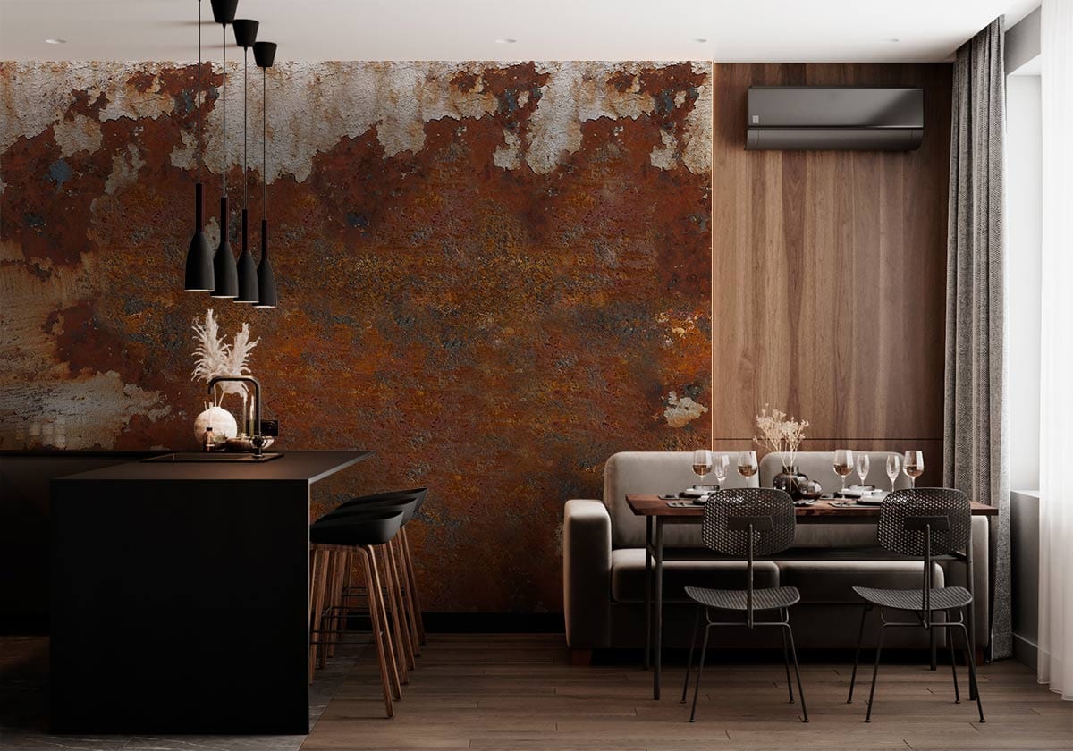 Rustic Industrial Orange Rust Mural Wallpaper in dining room