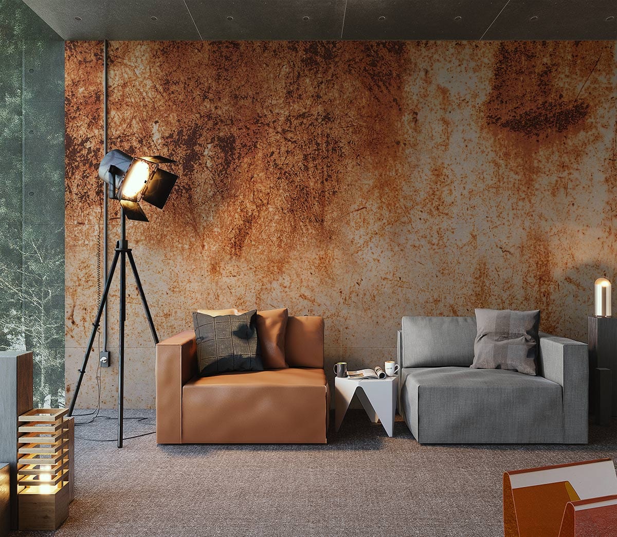 Rustic Industrial Orange Mural Wallpaper in living room