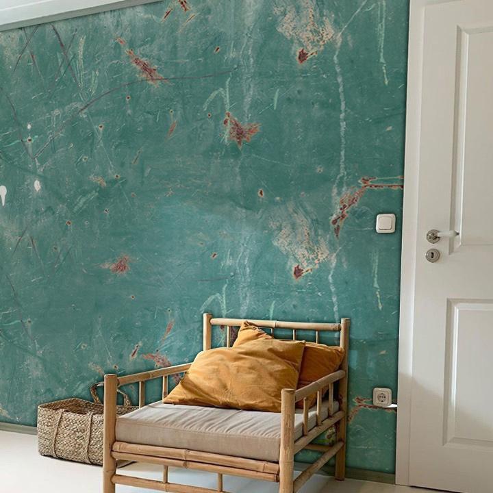 Emerald Green Rustic Metal Mural Wallpaper in living room