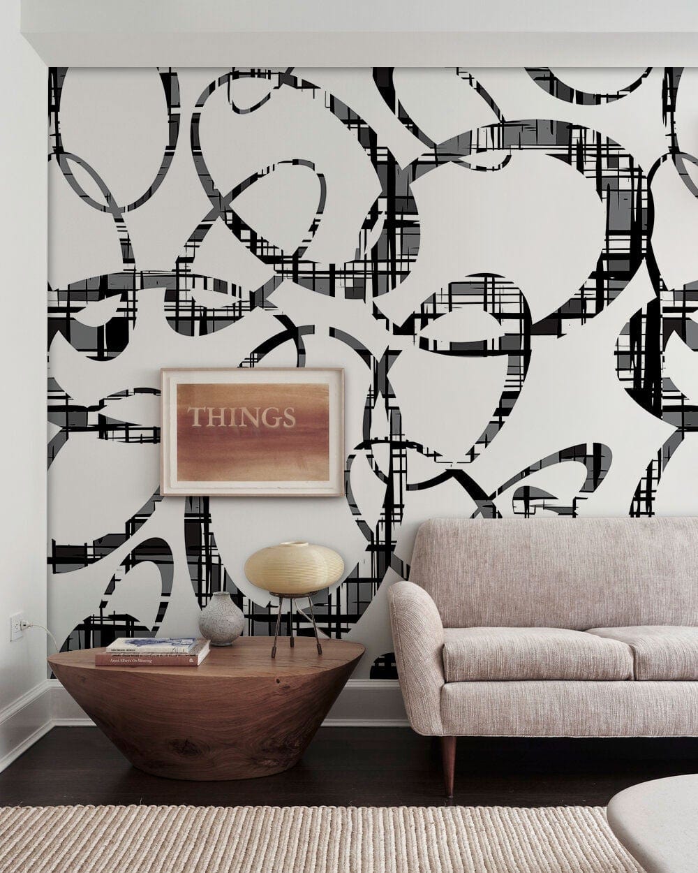 Modern Abstract Black and White Mural Wallpaper in living room