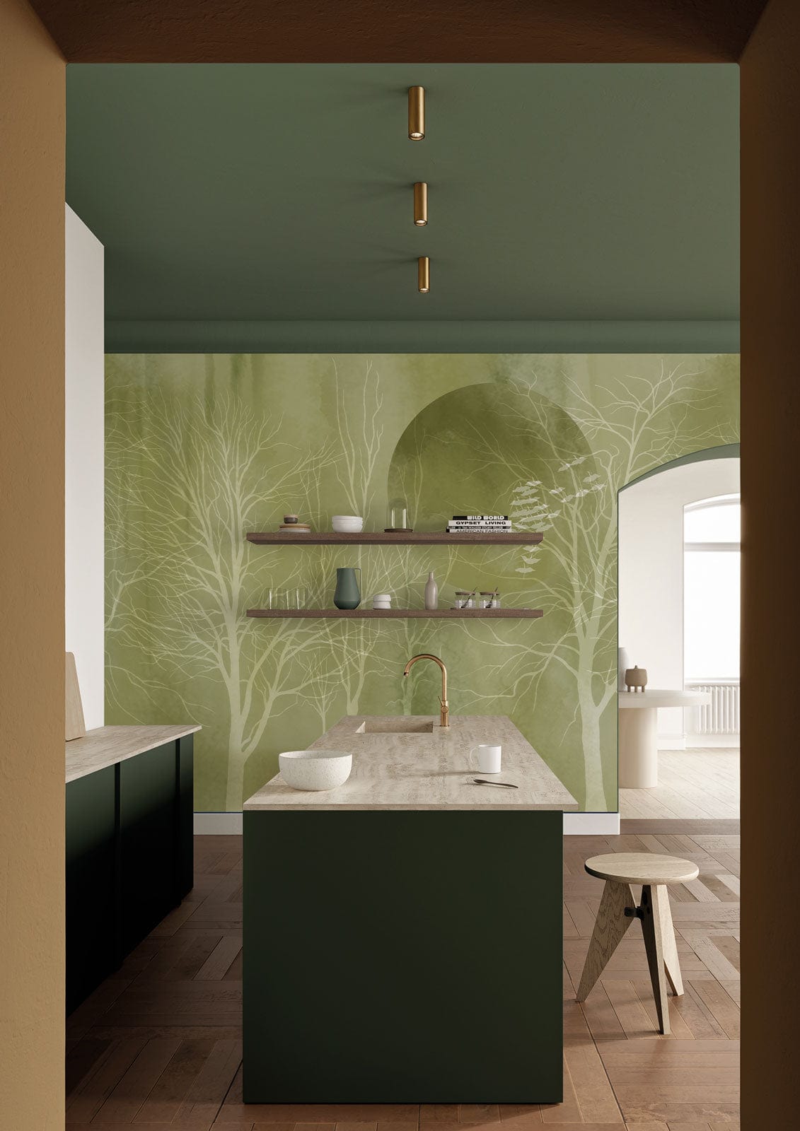 Mystical Forest Watercolor Mural Wallpaper in kitchen