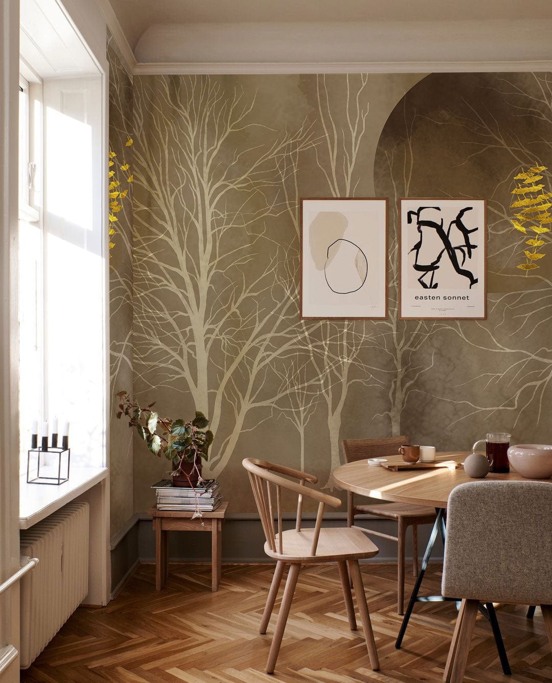 Mystic Forest Gold Leaf Mural Wallpaper in dining room
