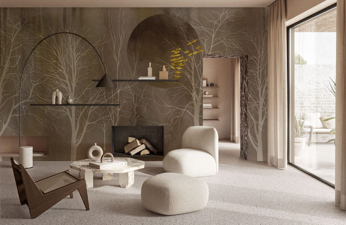Mystic Forest Gold Leaf Mural Wallpaper in living room