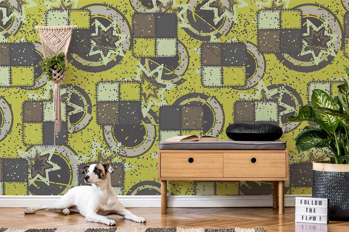 Abstract Geometric Yellow Grey Mural Wallpaper in living room