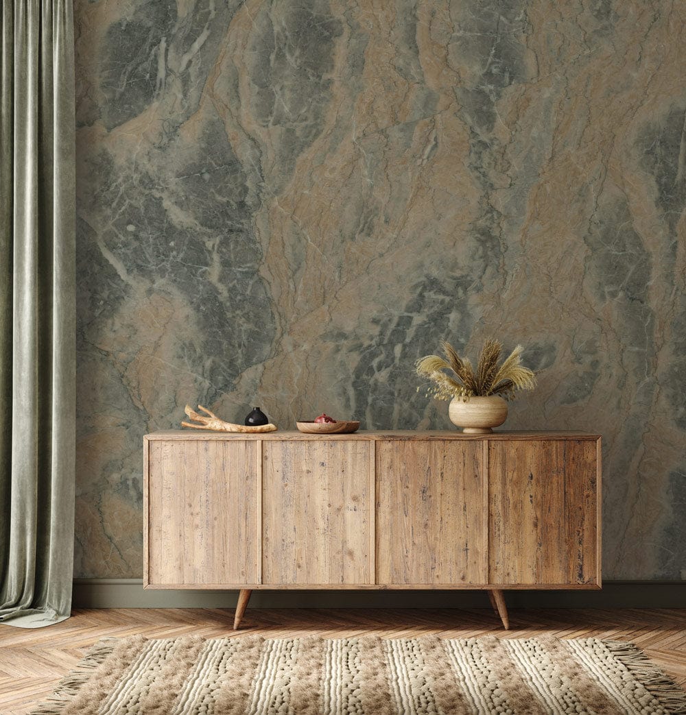 Unsteady stone and mud are used to create the unique industrial hallway wall mural.