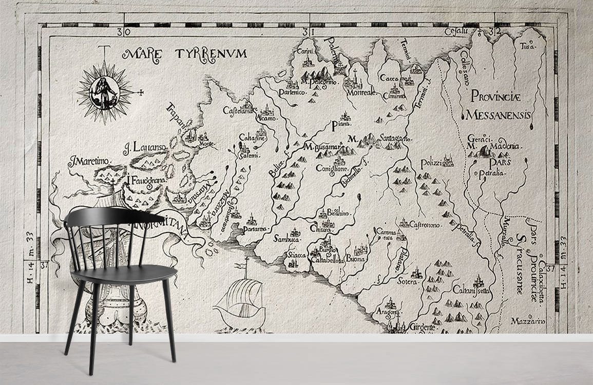 Vintage Map Monochrome Mural Wallpaper