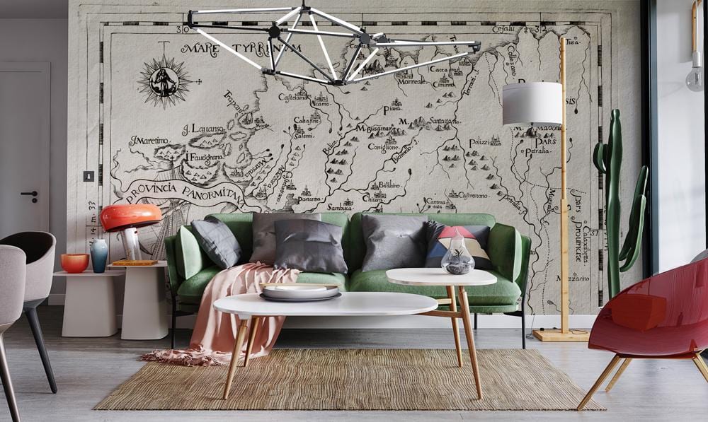 Vintage Map Monochrome Mural Wallpaper in living room
