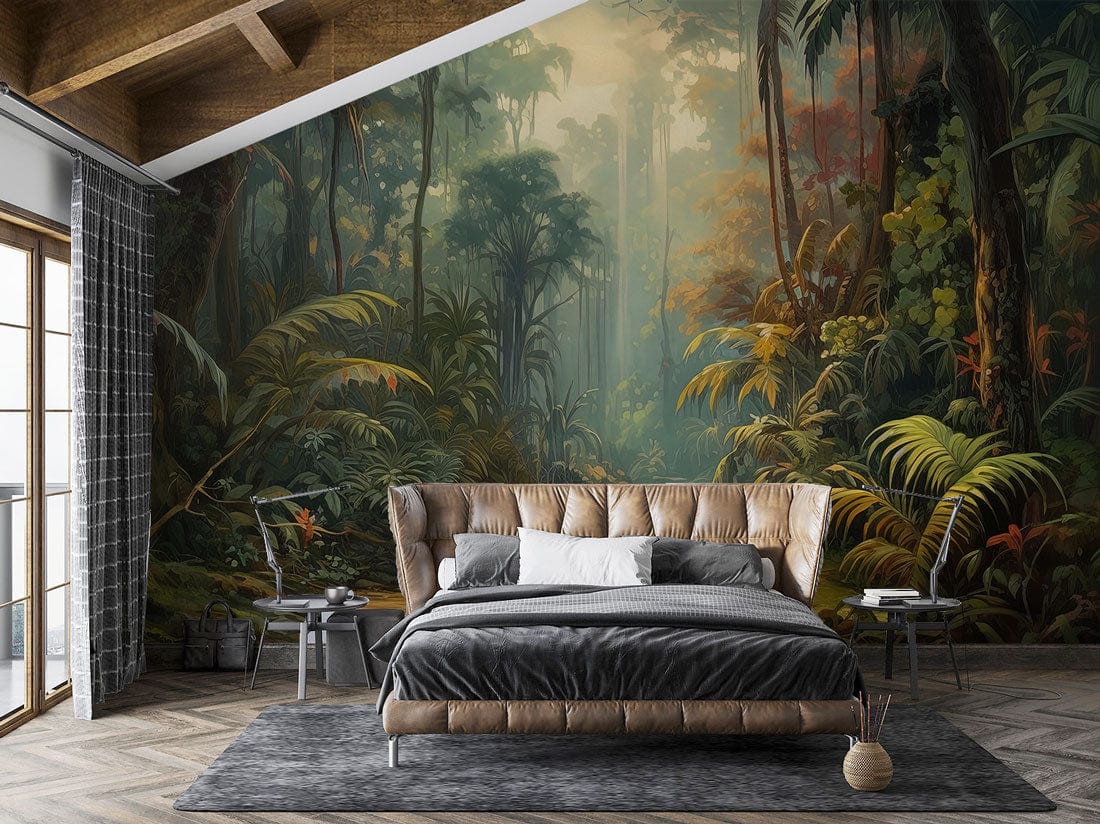 Tropical Jungle River Landscape Mural Wallpaper in bedroom