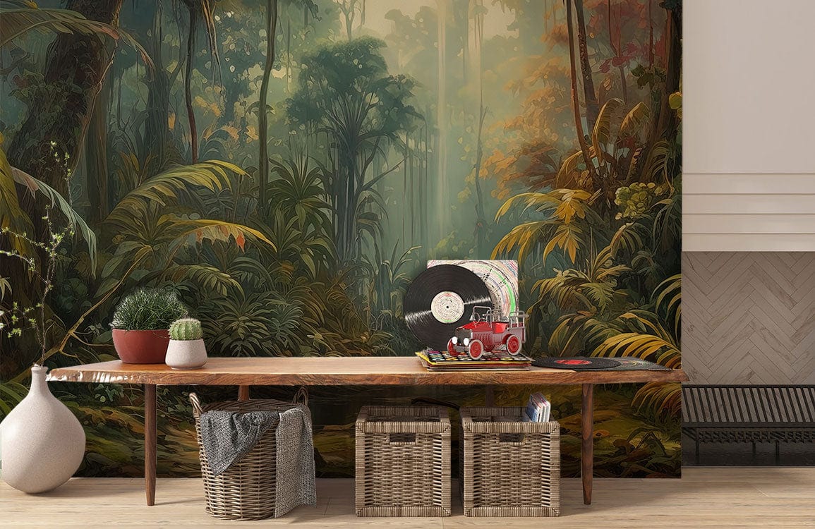 Tropical Jungle River Landscape Mural Wallpaper in living room