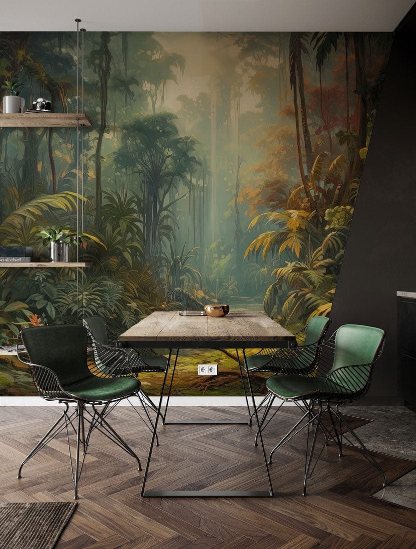 Tropical Jungle River Landscape Mural Wallpaper in dining room