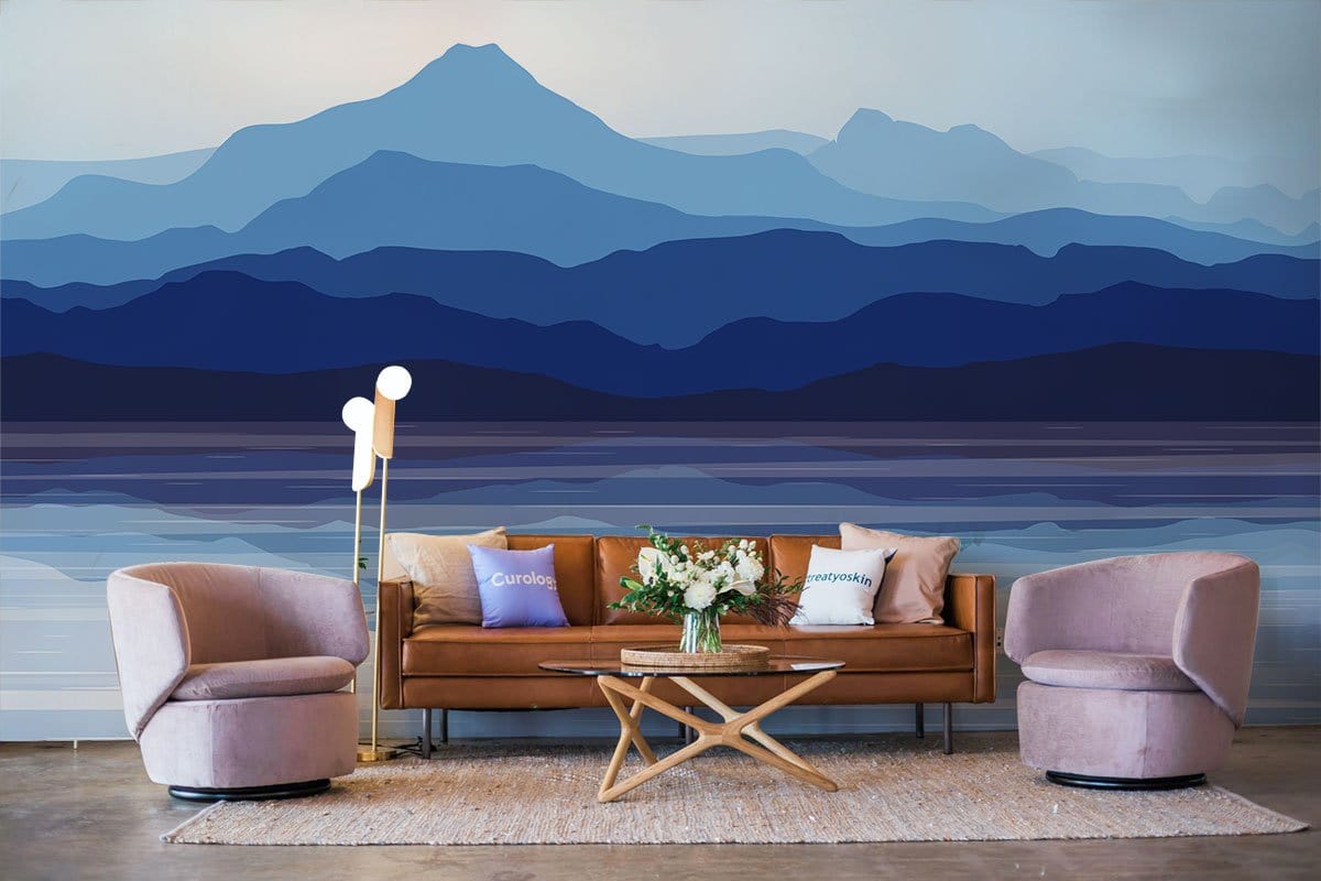 Serene Blue Mountain Landscape Wall Mural Wallpaper in living room