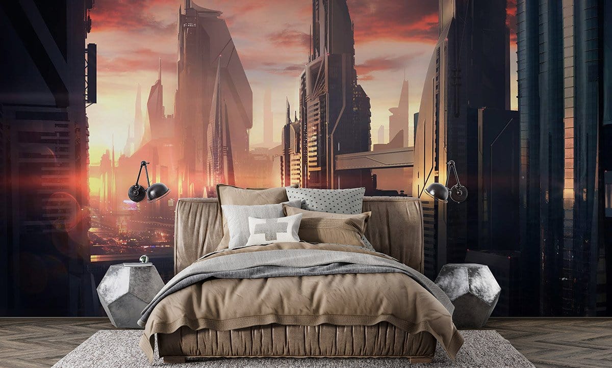 Futuristic Cityscape Sunset Wall Mural in bedroom