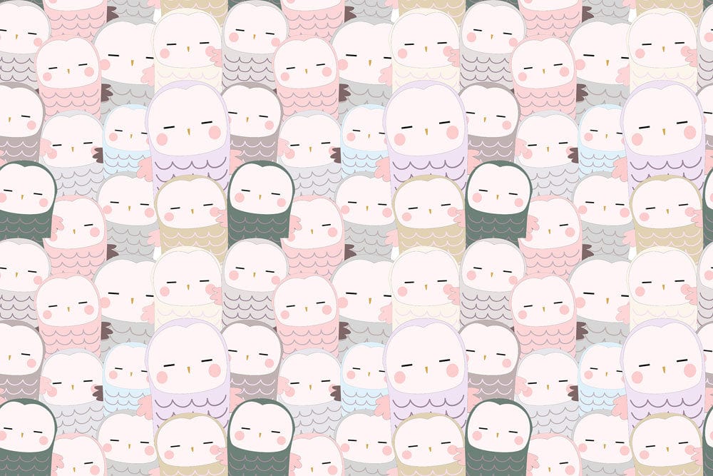 Wallpaper mural for kids' rooms in pastel pink with a pattern of sleeping owl infants.